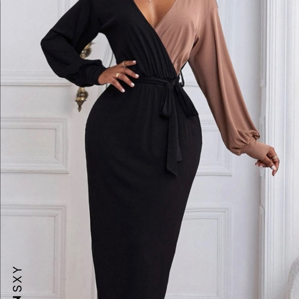 SHEIN Color block lantern sleeve bodycon